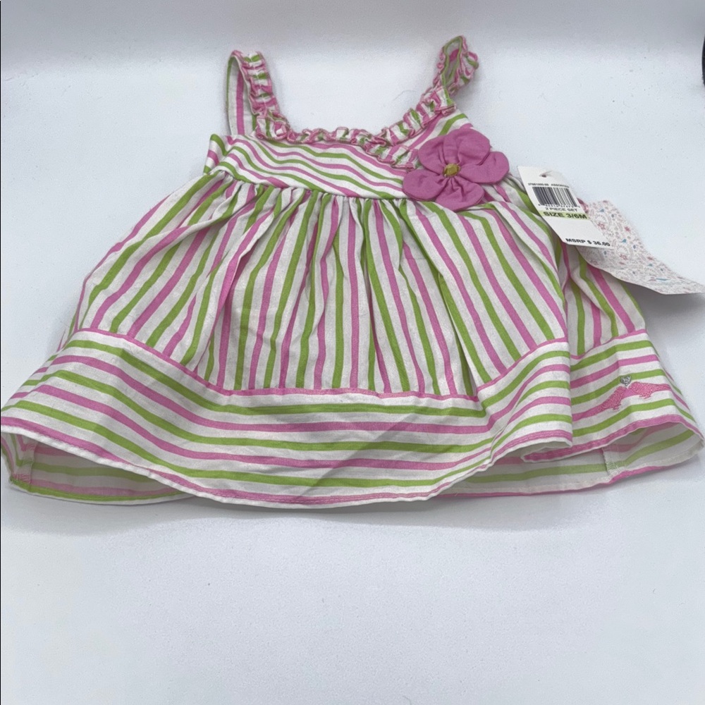 NWT Lilybird Pink and Green Striped Baby Dress with Jeweled Flower Size 3-6M